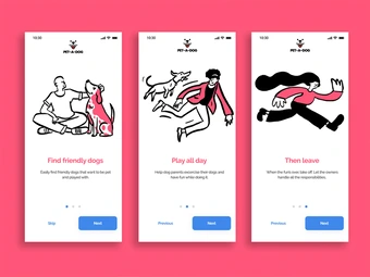 3 panels of onboarding screens for mobile phone